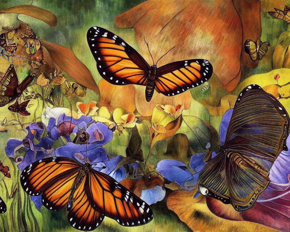 Colorful Butterfly Painting Among Vibrant Flowers