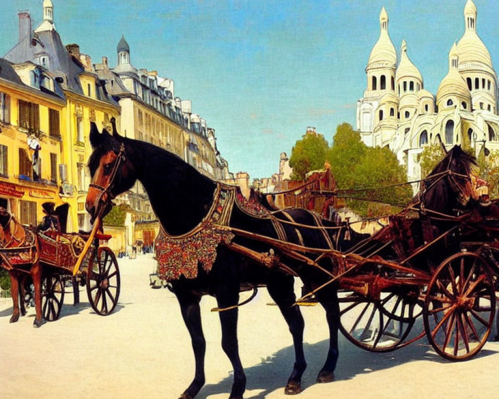 City street painting with horse-drawn carriage and Sacré-Cœur Basilica domes