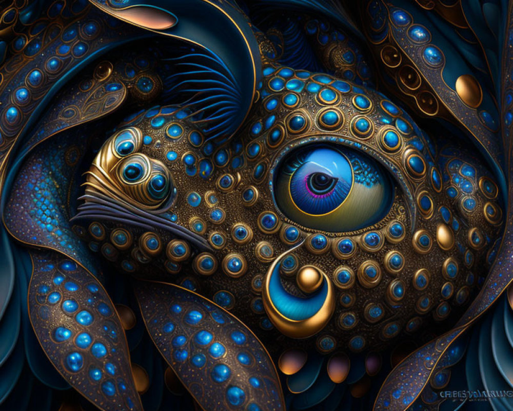 Stylized fish digital artwork with intricate blue, gold, and brown patterns