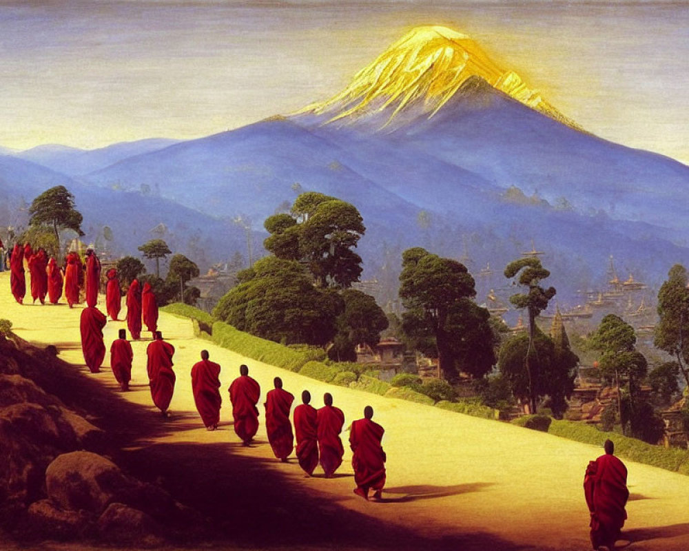 Red-robed figures in procession near golden-peaked mountain