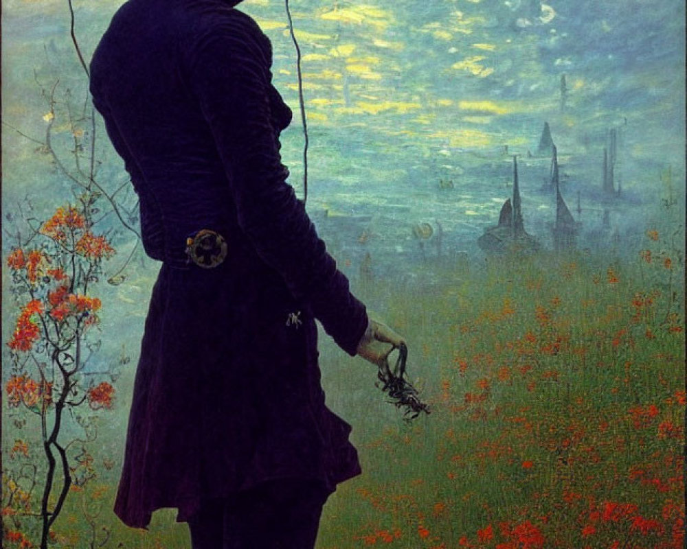 Elegant Figure in 19th-Century Attire with Flowers in Field against Industrial Background