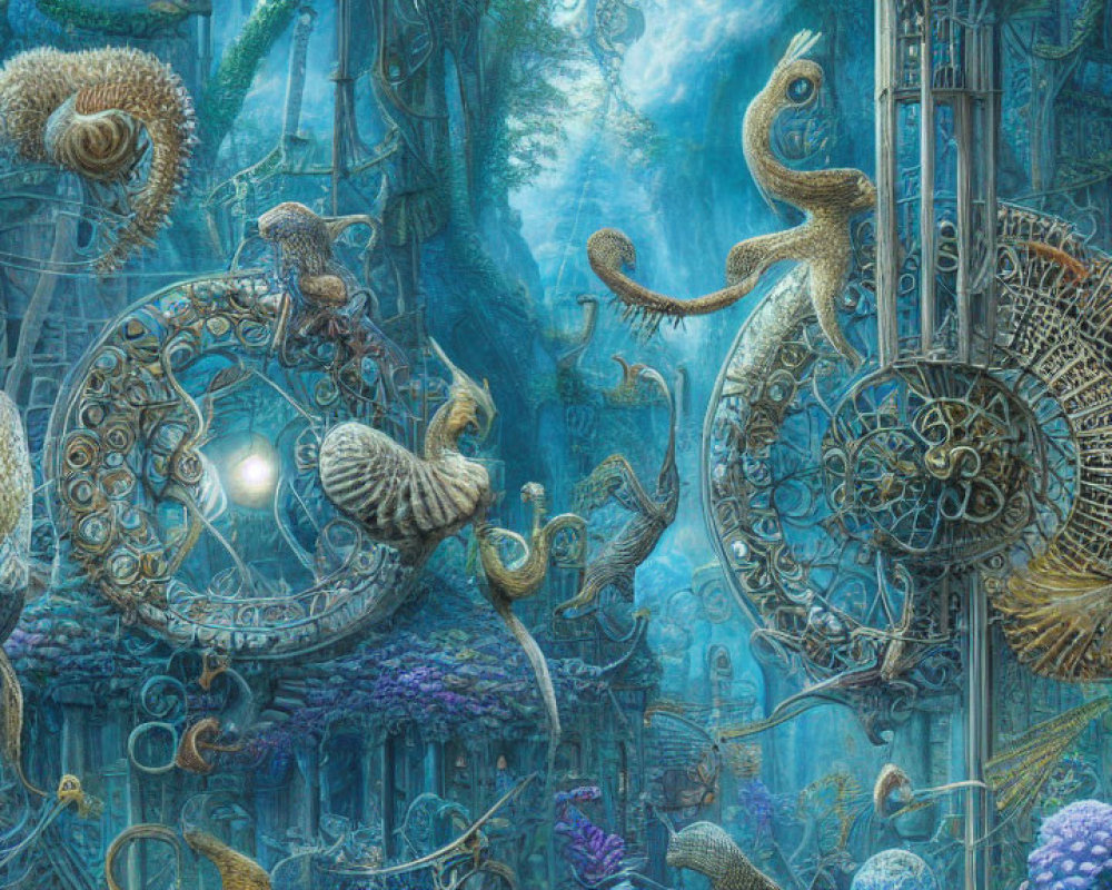 Ornate Mechanical Sea Creatures in Fantastical Underwater Scene