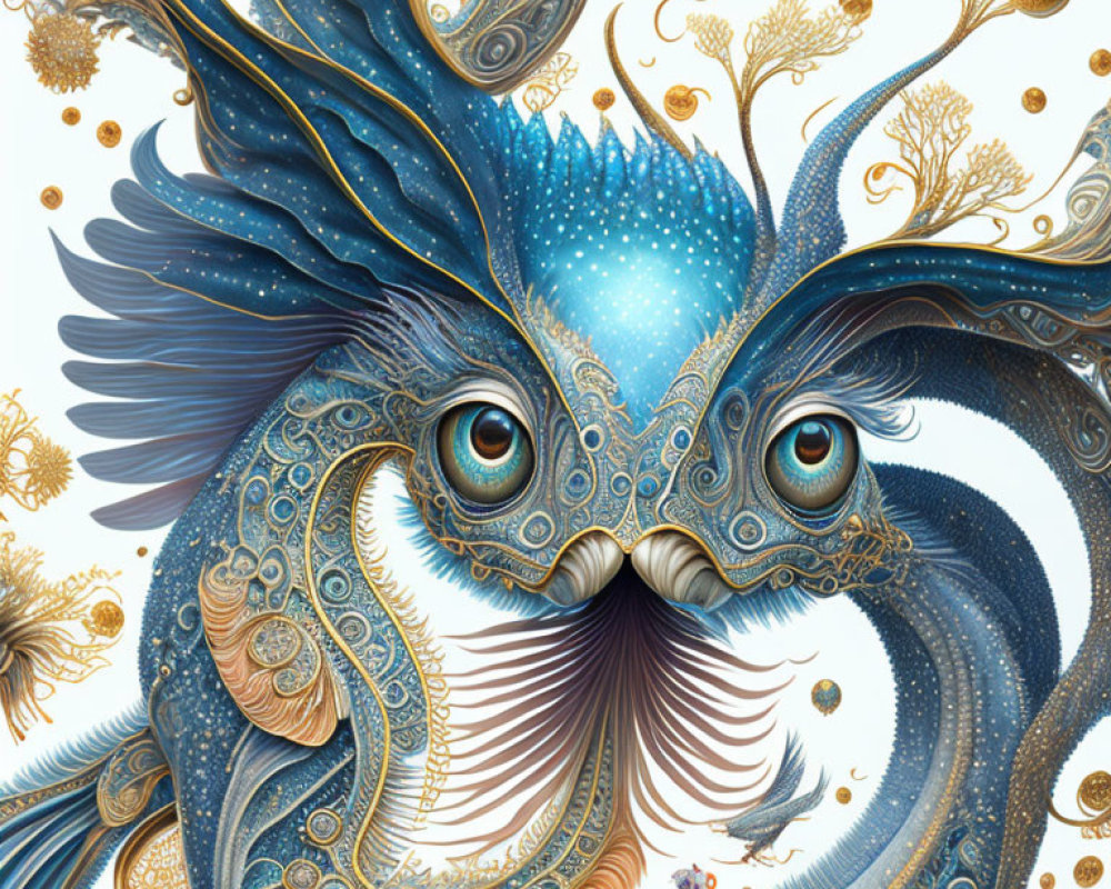 Detailed fantastical creature illustration with intricate plumage and soulful eyes.