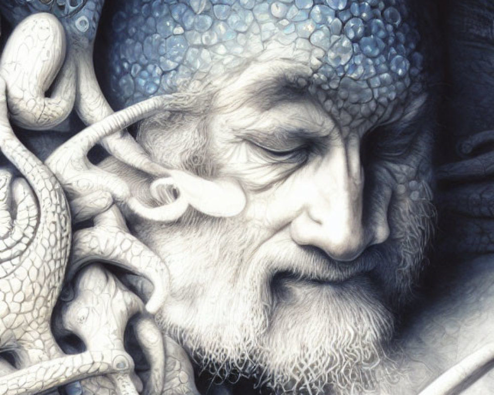 Detailed monochromatic illustration: Elderly man with octopus creatures entwined.