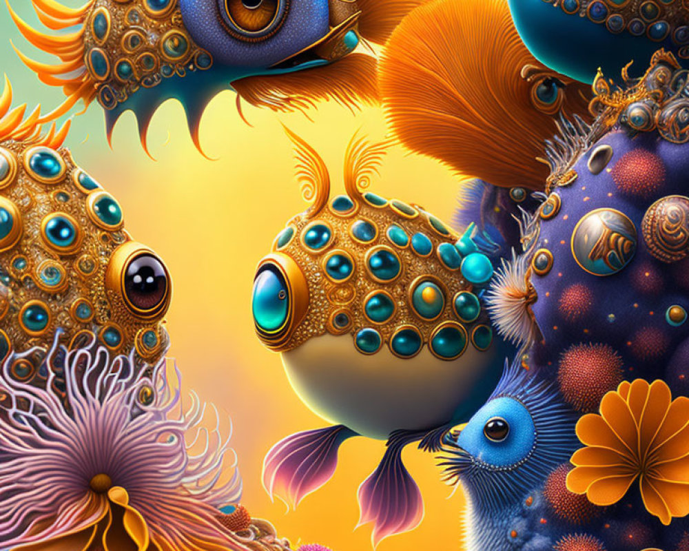 Colorful Stylized Marine Life with Expressive Eyes in Warm Aquatic Setting