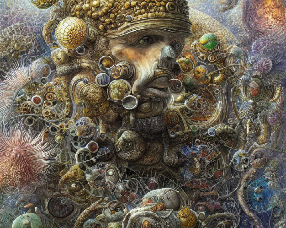 Intricate Artwork Featuring Central Figure Surrounded by Surreal Shapes