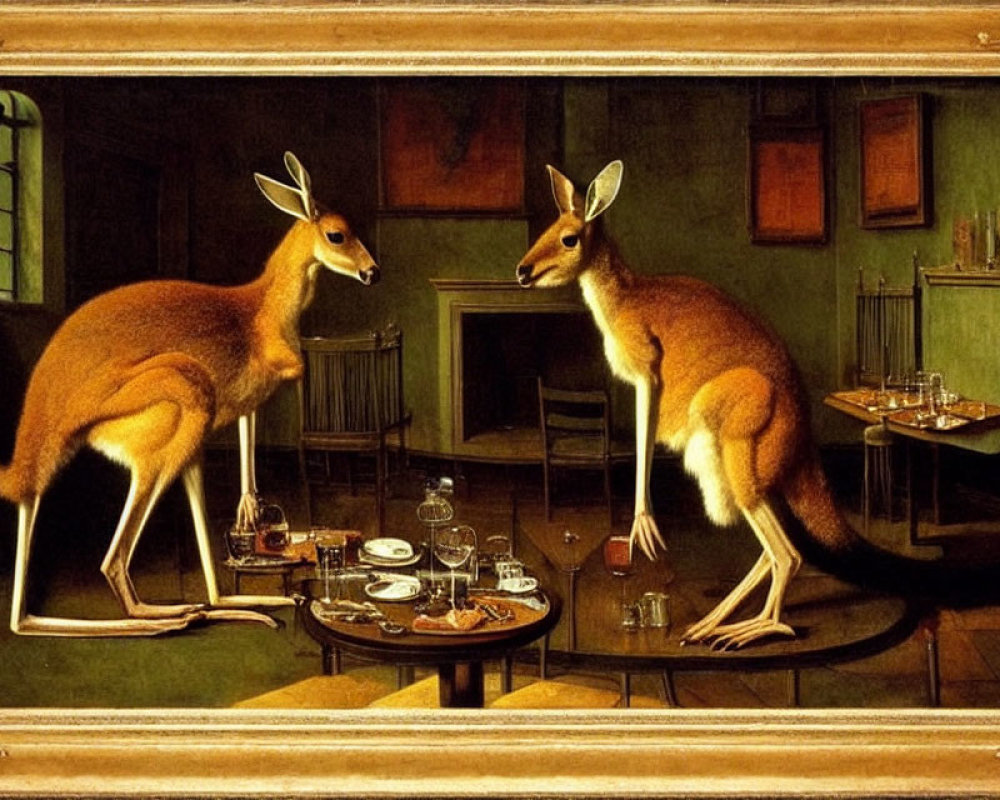 Classical painting of humanized kangaroos in domestic scene