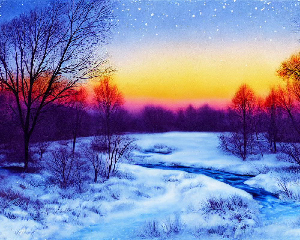 Winter landscape digital painting: snow-covered ground, bare trees, small stream, colorful dusk sky