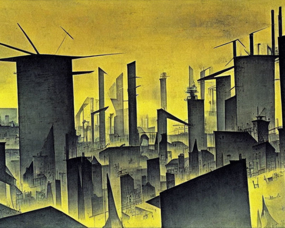 Exaggerated industrial cityscape in dark silhouette against yellow sky