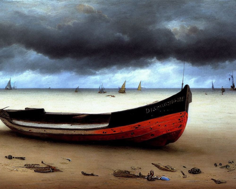 Beached boat named "Discovery" under moody sky with sailing boats and marine objects.