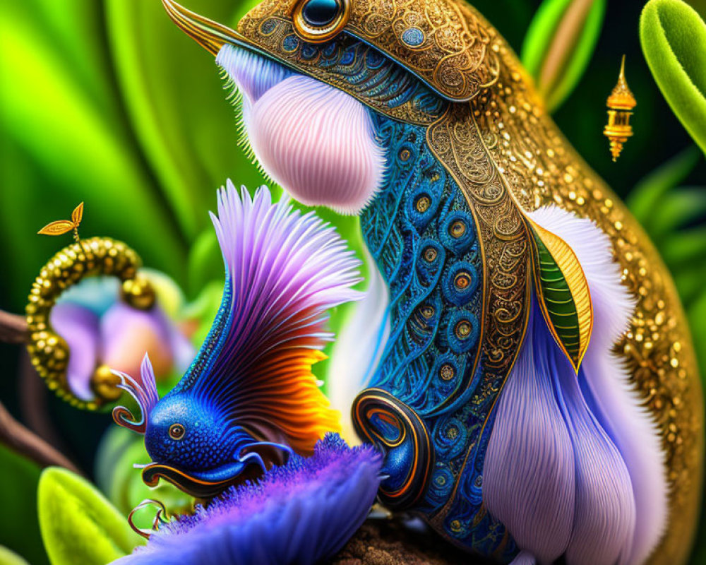 Colorful digital artwork of ornate bird and fish in lush scenery