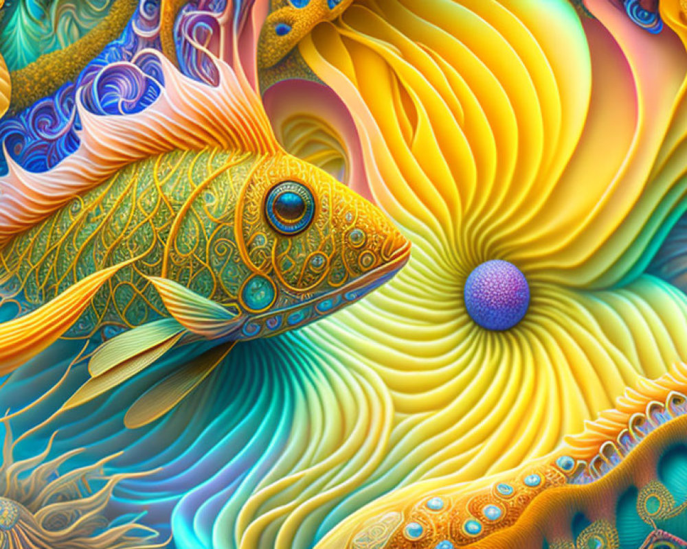 Colorful digital artwork of stylized fish swimming among abstract sea elements