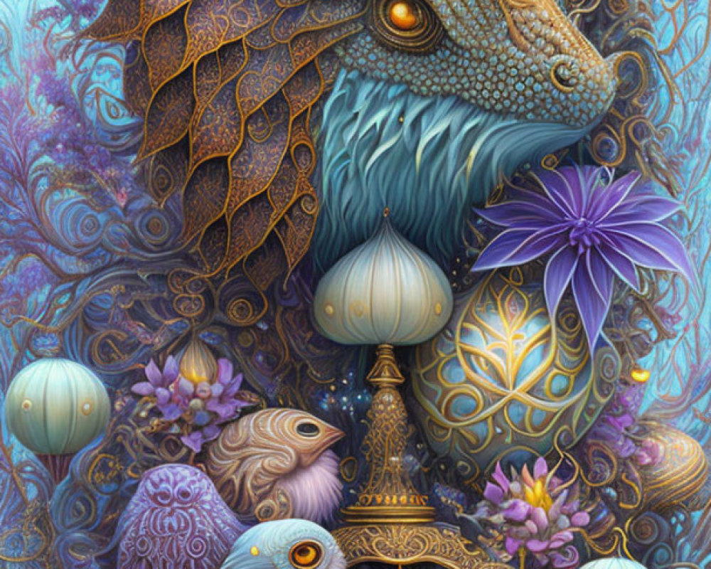 Colorful Dragon-Like Creature in Blue and Purple with Ornate Flora