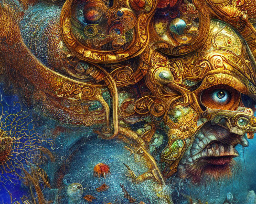 Surreal digital artwork: Cyborg with golden gears and organic elements on blue backdrop