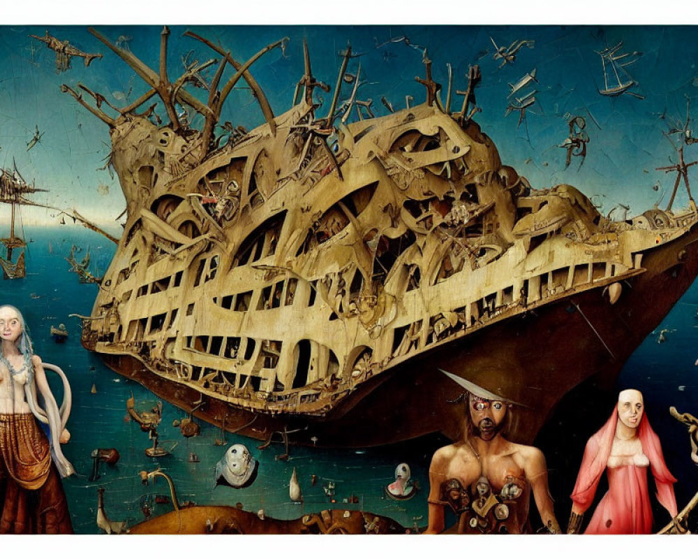 Surreal painting of dilapidated ship and ghostly figures in ocean