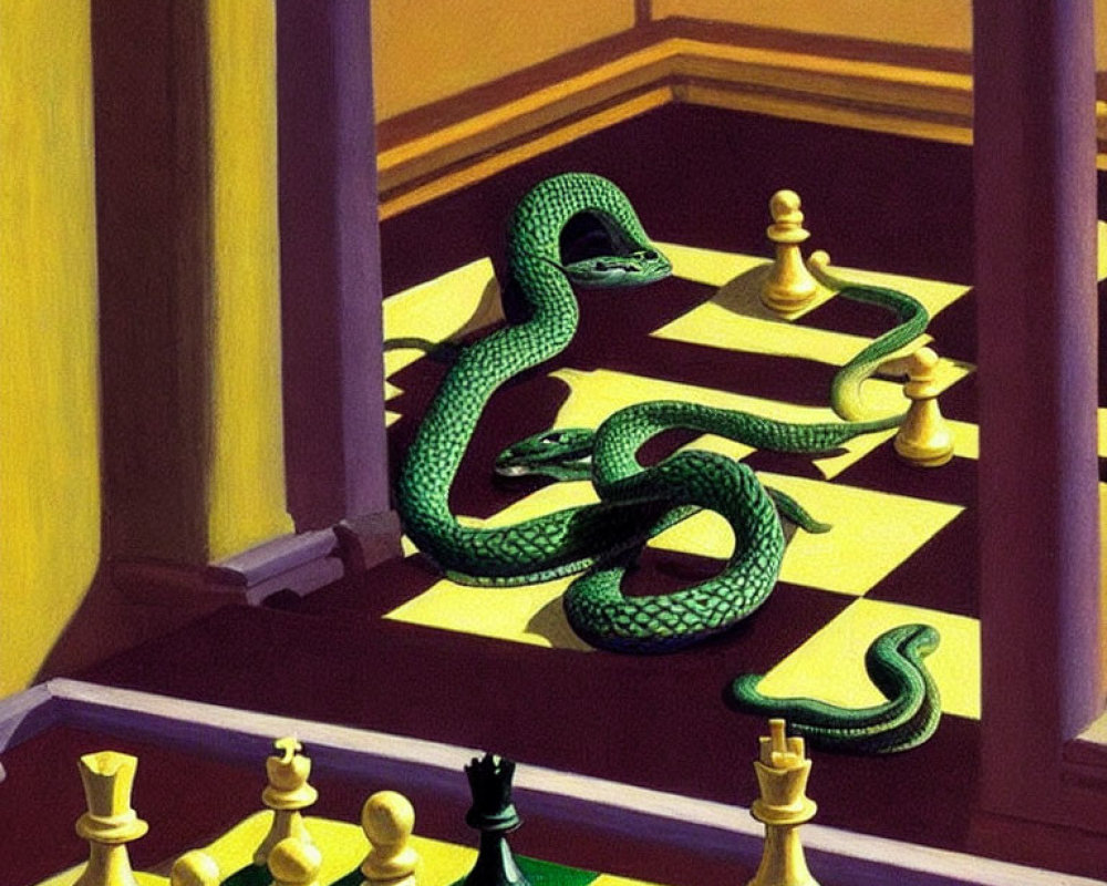 Surrealist painting of green snake on chessboard with magical realism