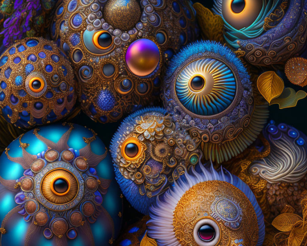 Colorful ornate spherical objects with intricate patterns in a fantastical display.