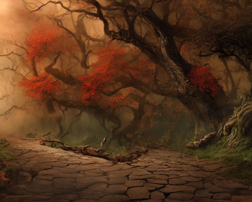 Red-leaved trees and cobblestone path in mystical forest setting