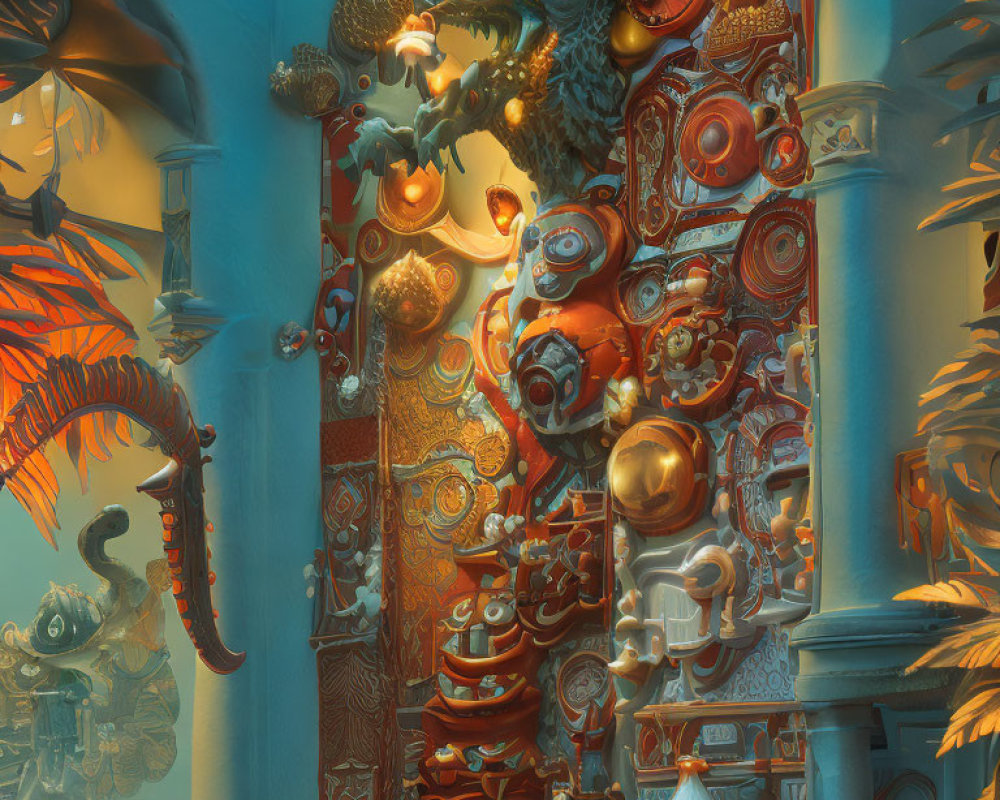 Fantastical Room with Red and Gold Door, Alien Plants, Sculptures, and Surreal Art