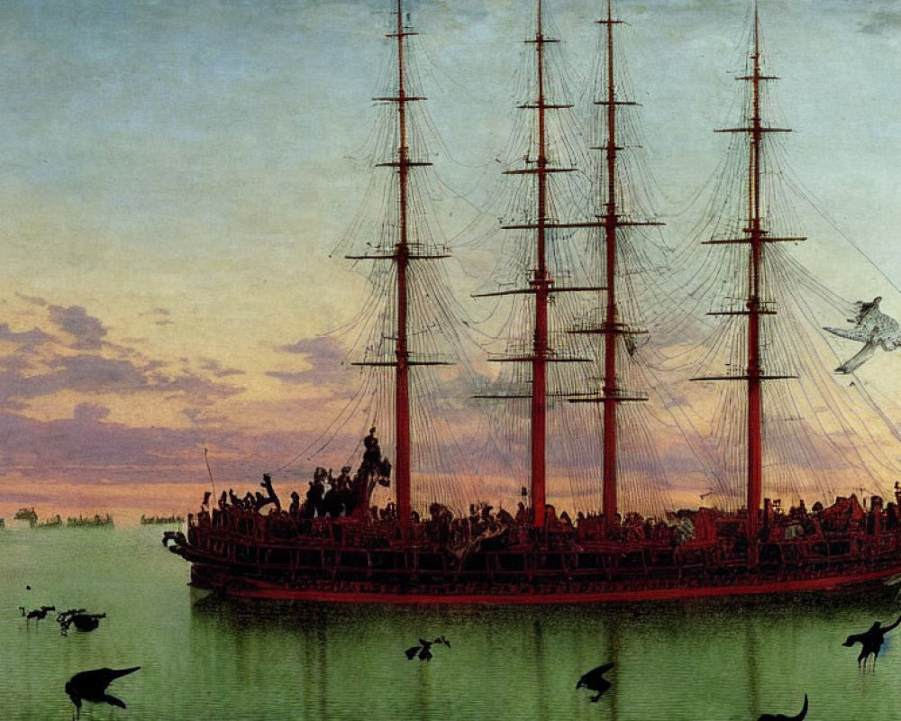 Vintage Painting: Large Ship with Red Sails, Twilight Scene