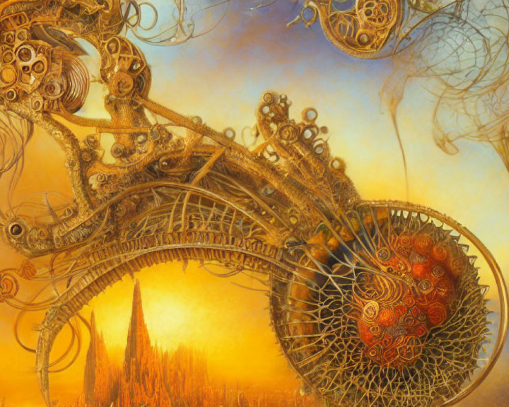 Steampunk machinery with gears on warm sunset background