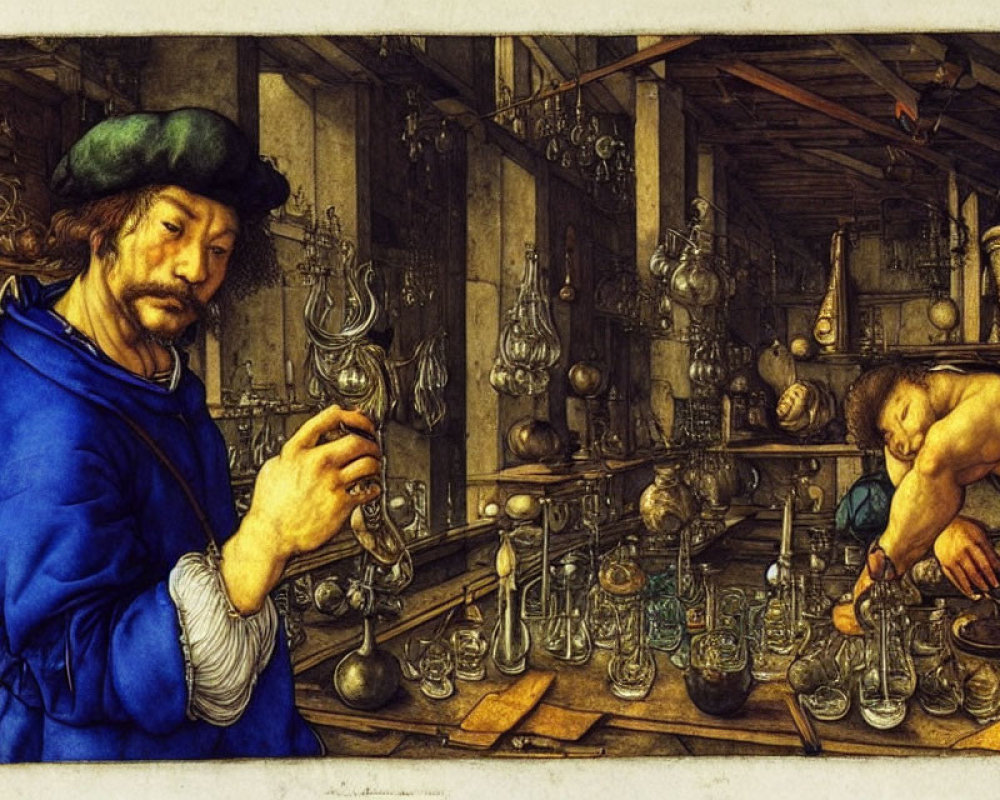 Man in blue robe and green beret in cluttered alchemist's workshop.