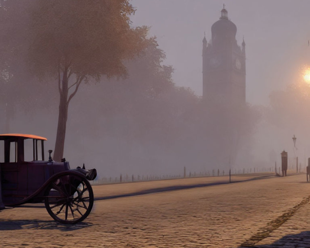 Vintage Car on Cobblestone Street at Twilight with Clock Tower in Fog