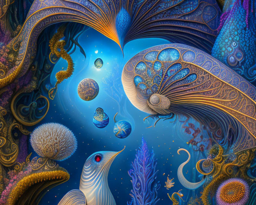 Colorful digital artwork: Two peacocks with cosmic tails in surreal underwater setting