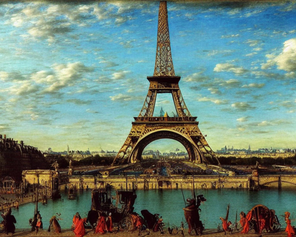 Colorful painting of Eiffel Tower, river, and people in period clothing under blue skies