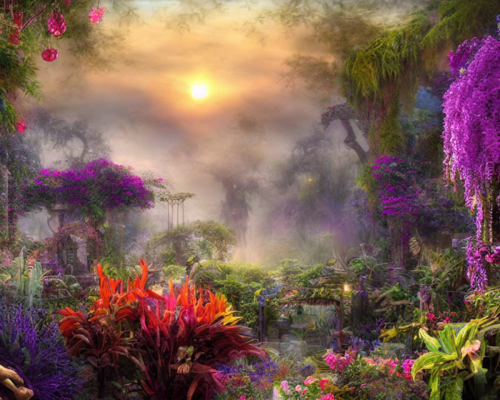 Lush Sunset Garden with Vibrant Flowers and Wisterias