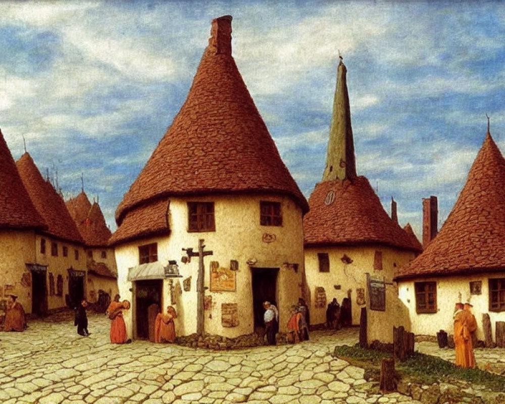 Medieval village scene with people in period attire and conical-roofed stone houses.