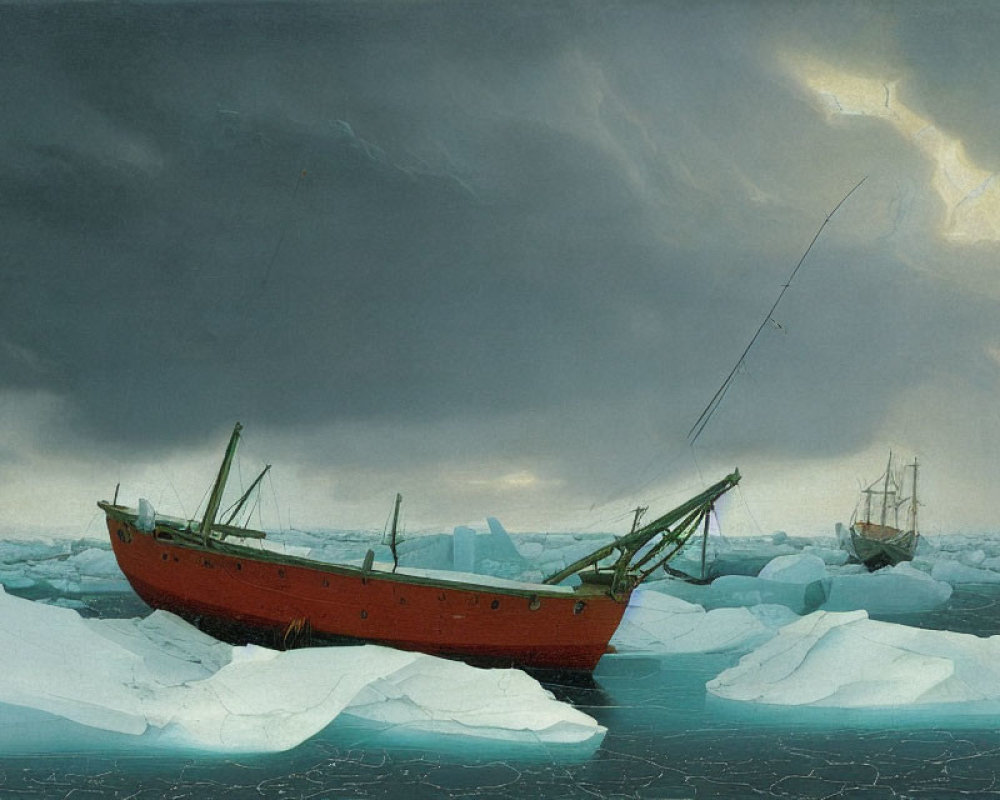 Stormy seas painting: wooden ships trapped in icy waters