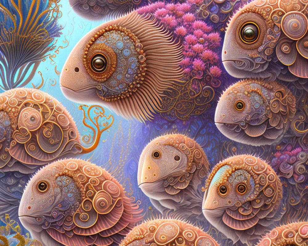 Detailed surreal fish swimming in vibrant coral reef