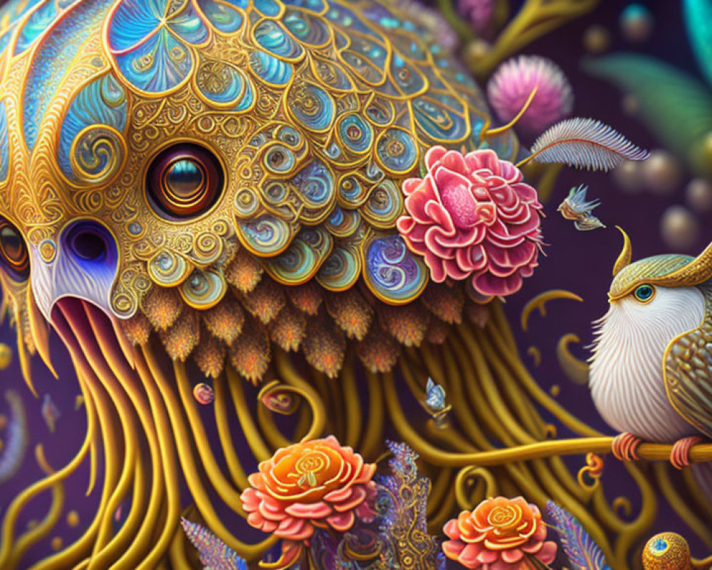 Detailed surreal artwork: ornate creature, patterns, eyes, stylized bird with staff, colorful backdrop