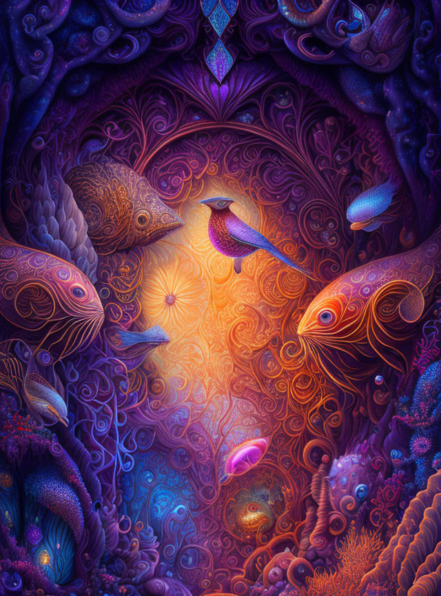 Colorful Fish-Like Creatures in Psychedelic Artwork