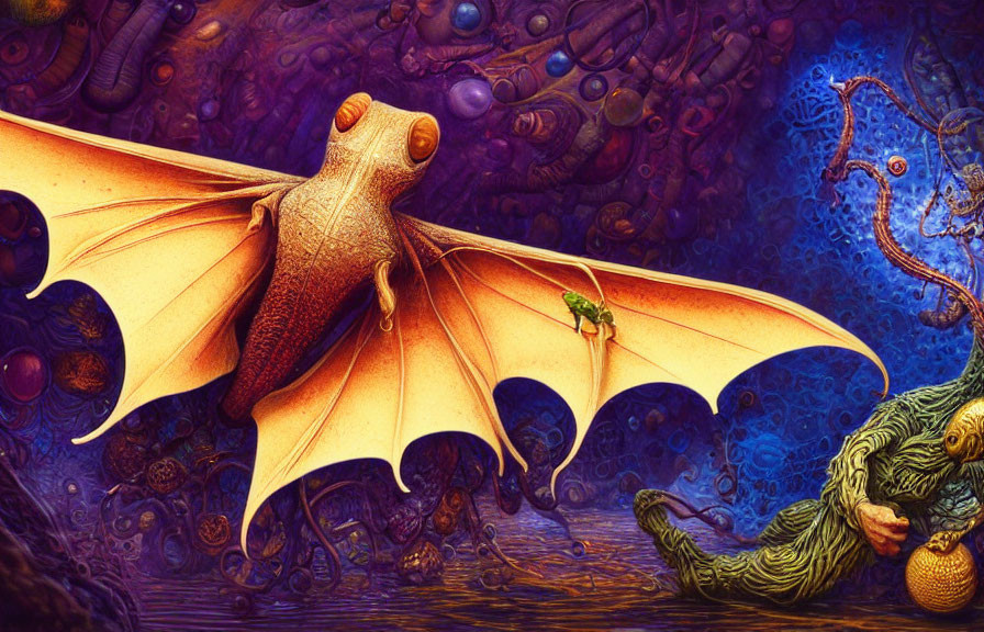 Colorful Fantasy Artwork: Orange Winged Creature and Green Dragon in Surreal Background