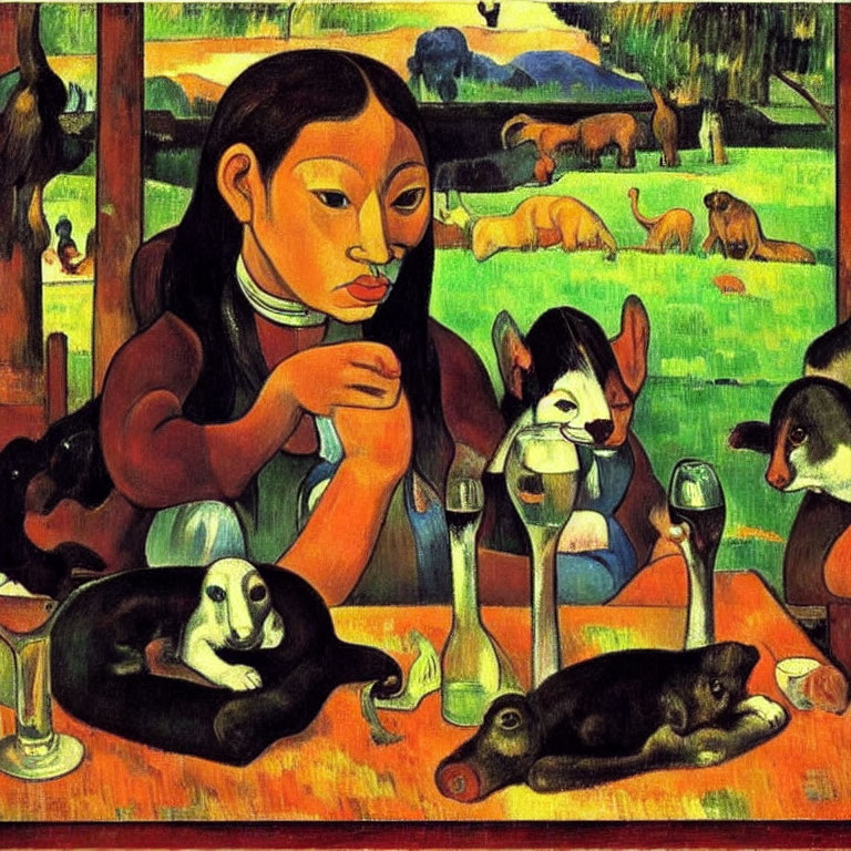 Seated Woman with Dogs and Cattle in Colorful Landscape