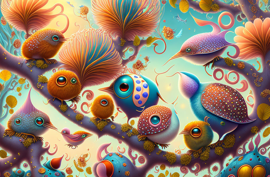 Colorful, stylized creatures in underwater fantasy with coral-like elements