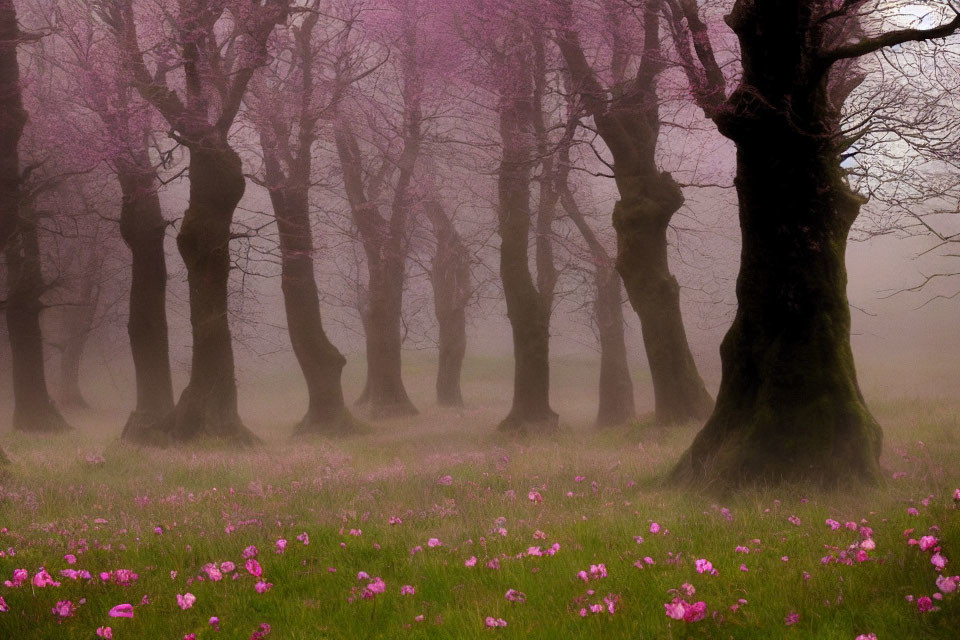 Misty forest with gnarled trees and vibrant pink flowers