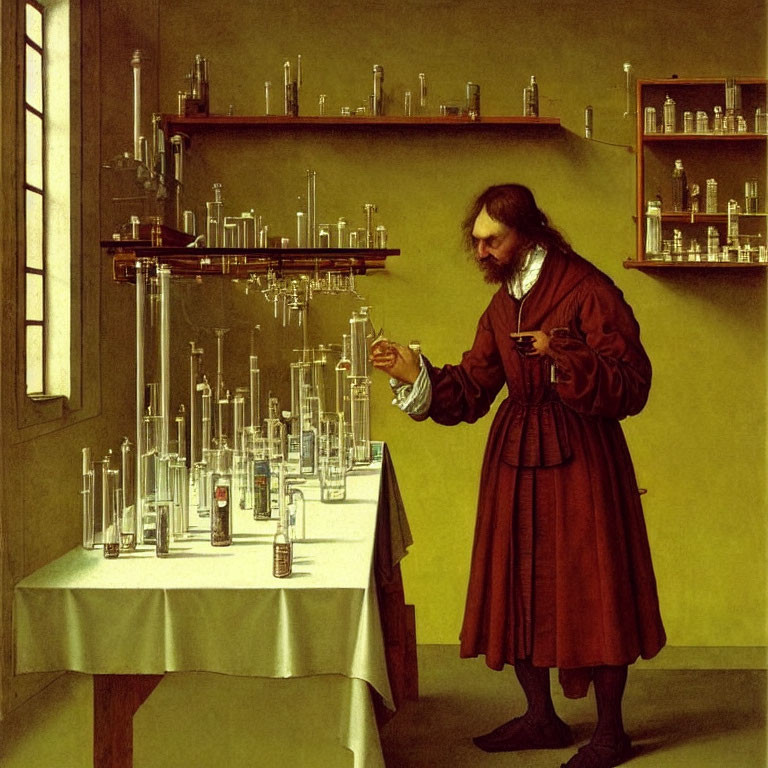 Scientist examining flask in 17th-century laboratory