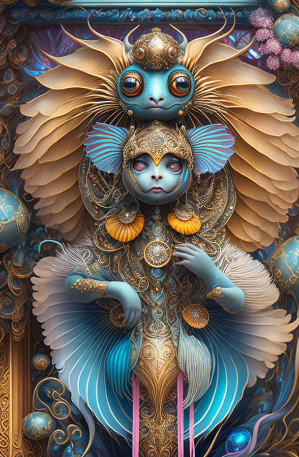 Blue-skinned creature in ornate gold and blue attire with multiple eyes and feathers.