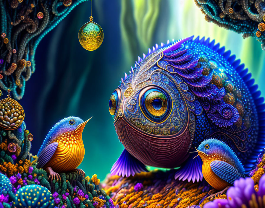 Colorful surreal artwork: Ornate fish, intricate patterns, vibrant flora, whimsical birds