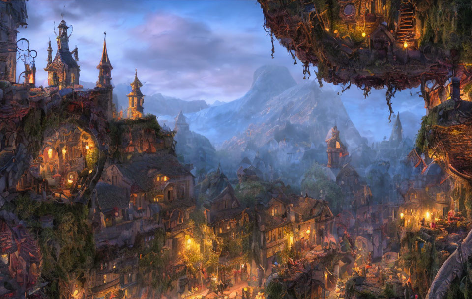 Enchanting village on cliffs with illuminated buildings, floating island, and mountain backdrop at dusk