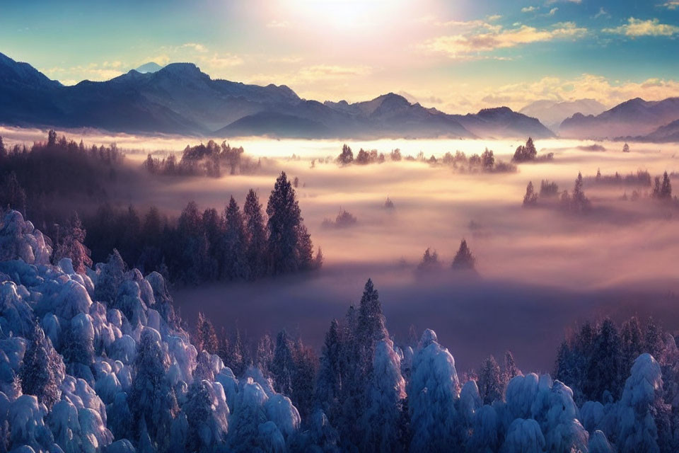 Misty Valley with Snow-Covered Trees at Sunrise or Sunset