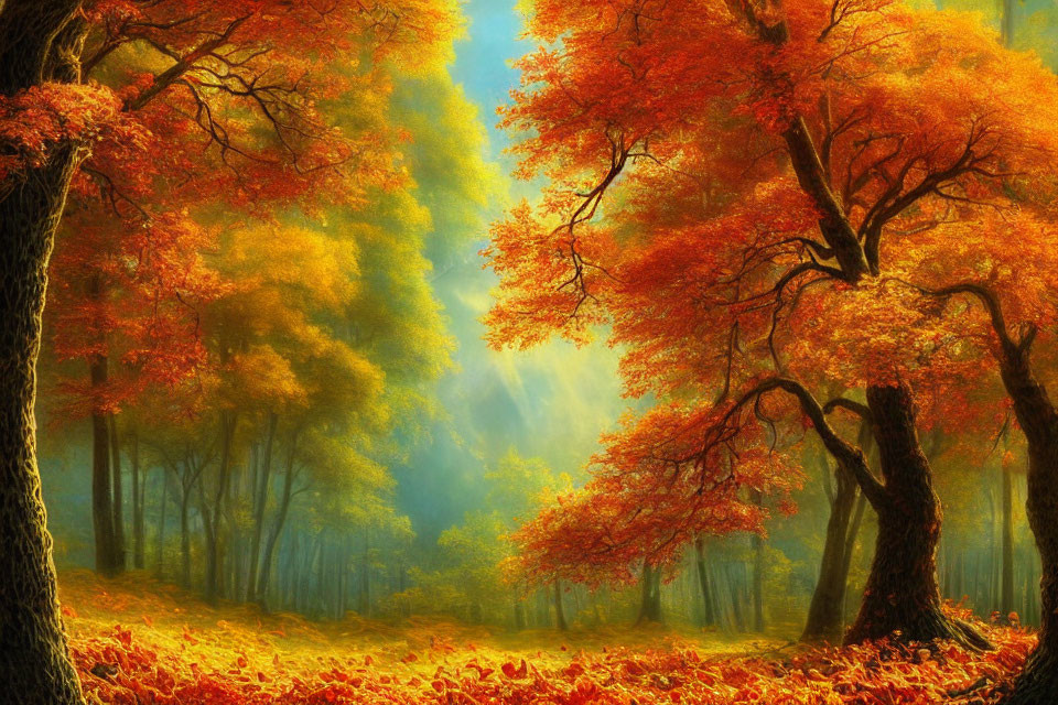 Scenic autumn forest with golden sunlight and colorful foliage