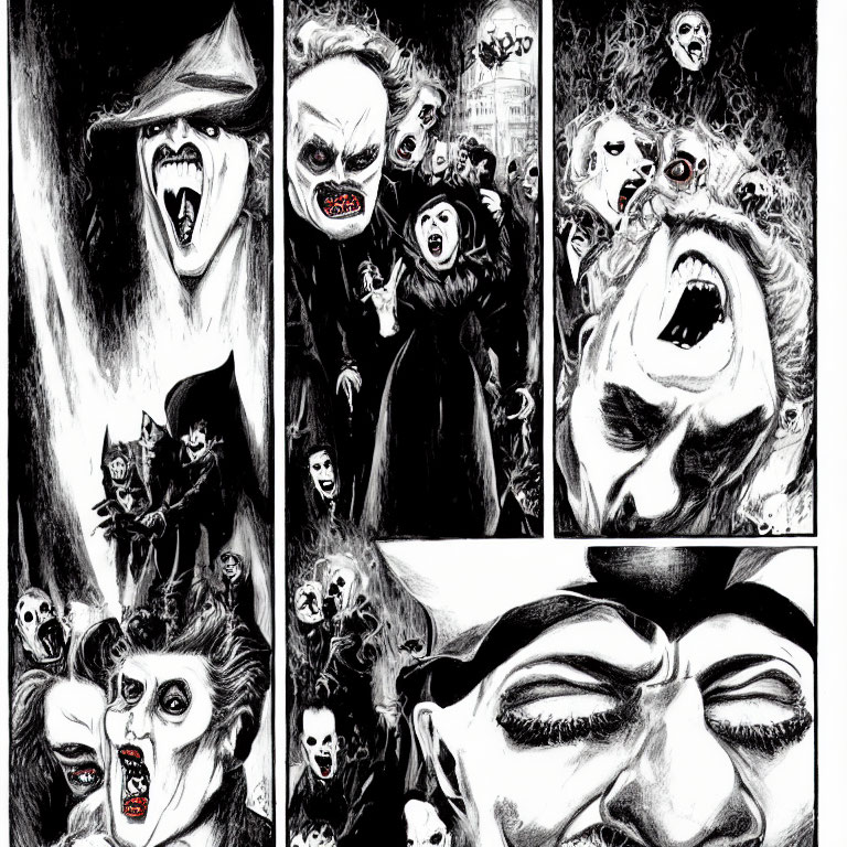 Monochrome comic strip art: horror scenes with screaming characters, ghosts, and sinister figures