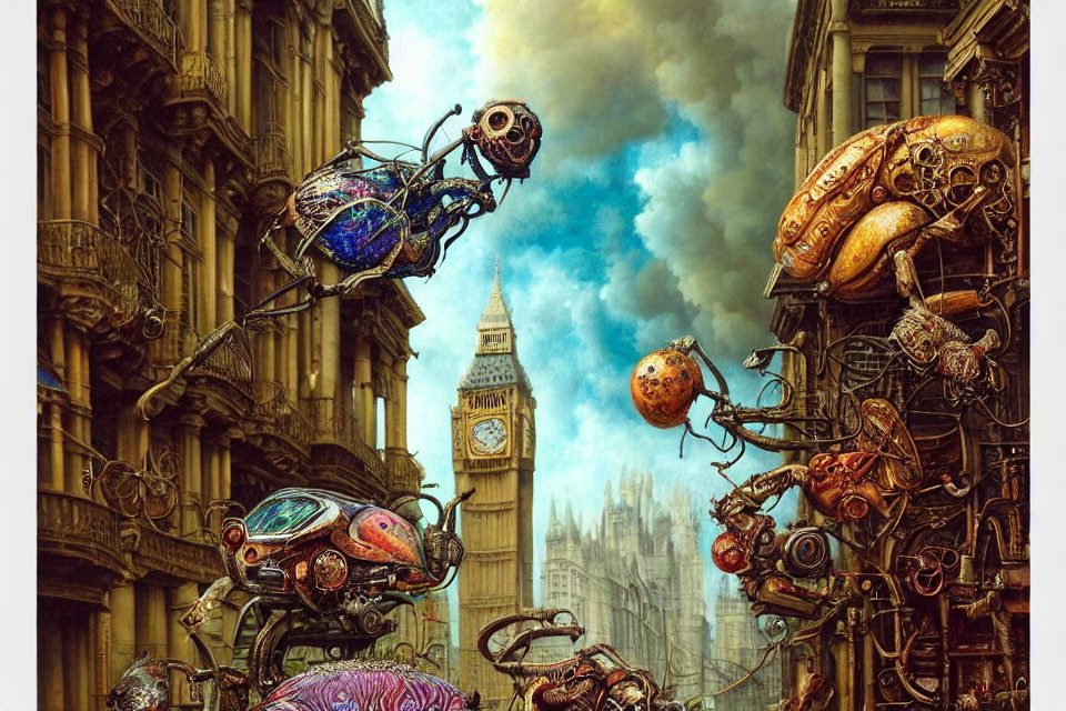 Surreal artwork of robotic insects with gears, flying by Big Ben and Victorian buildings