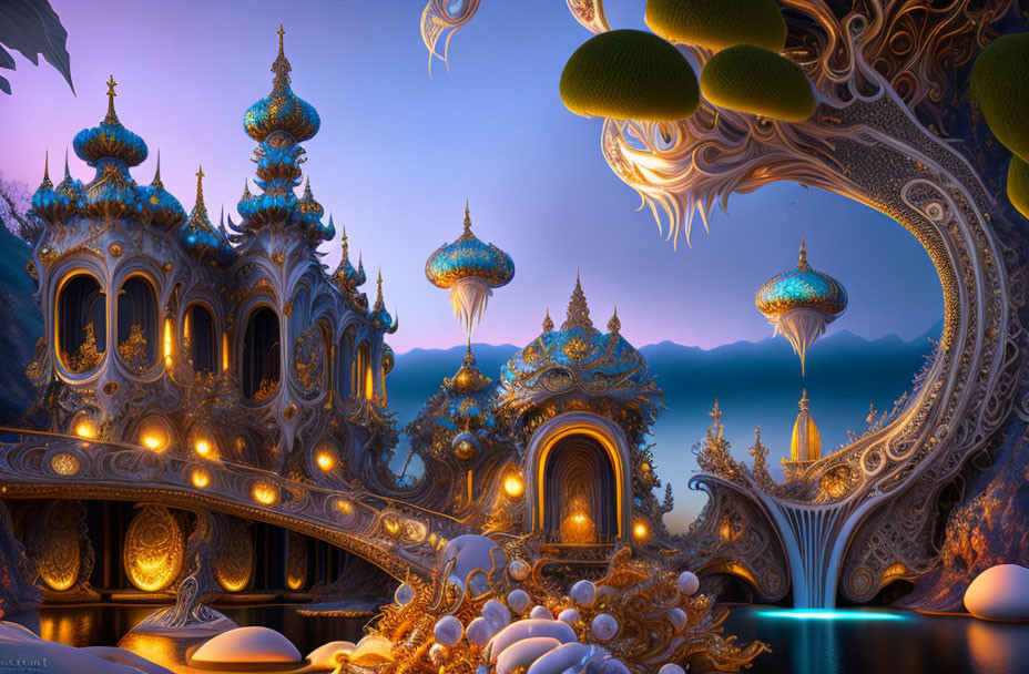 Ornate, Glowing Buildings & Surreal Trees in Twilight Landscape