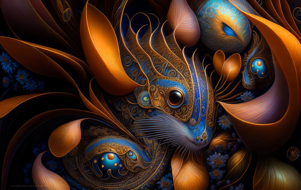 Ornate Swirling Patterns in Blue, Orange, & Brown