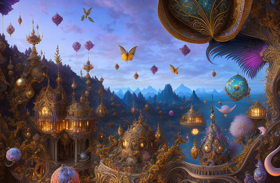 Fantastical landscape with golden structures and butterfly-like creatures